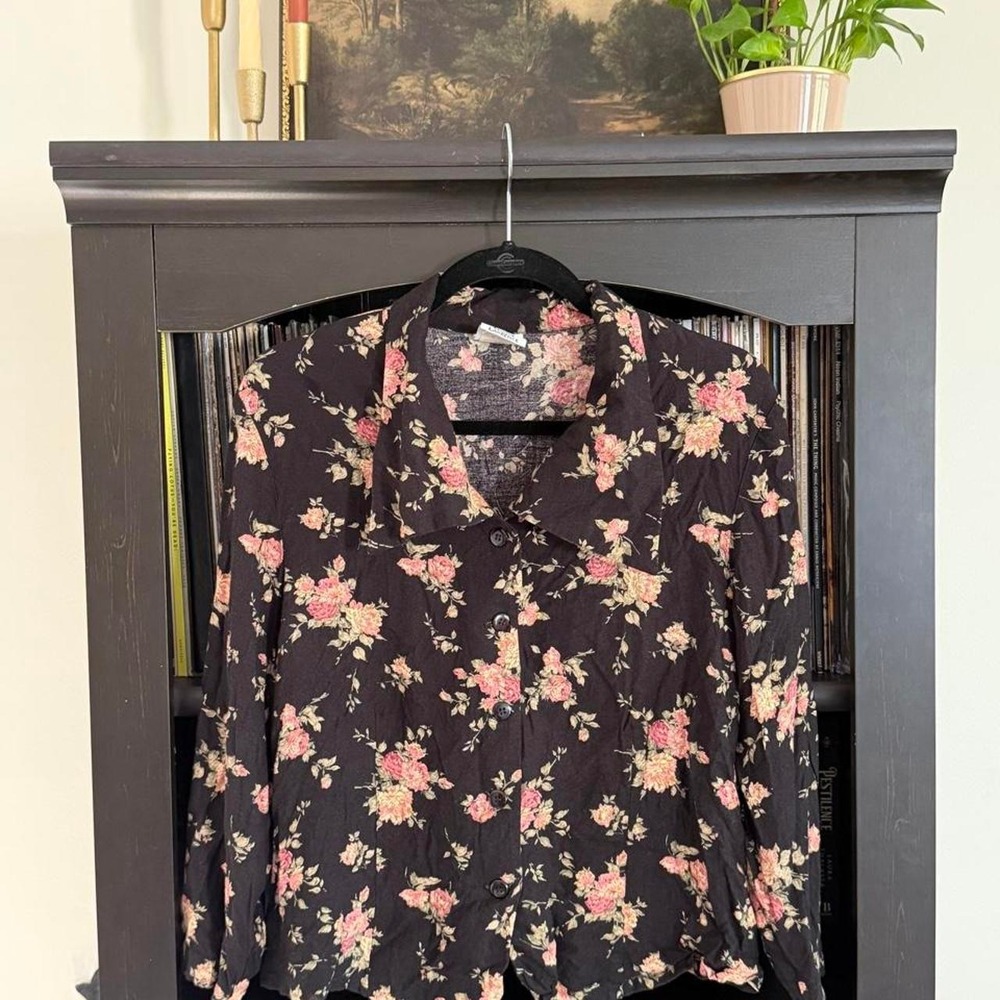 Maggie Lawrence Floral Button Up Blouse L Black Pink Beige 90s Vintage Top